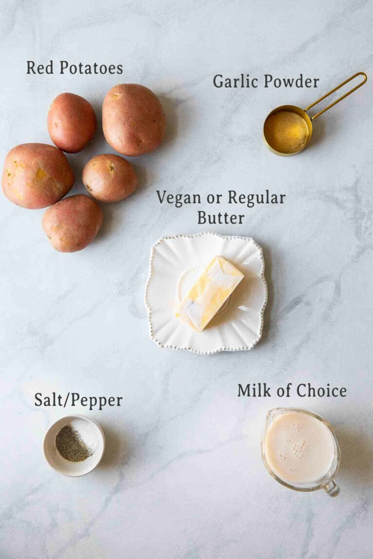 Ingredients for Creamy Garlic Mashed Red Potatoes.