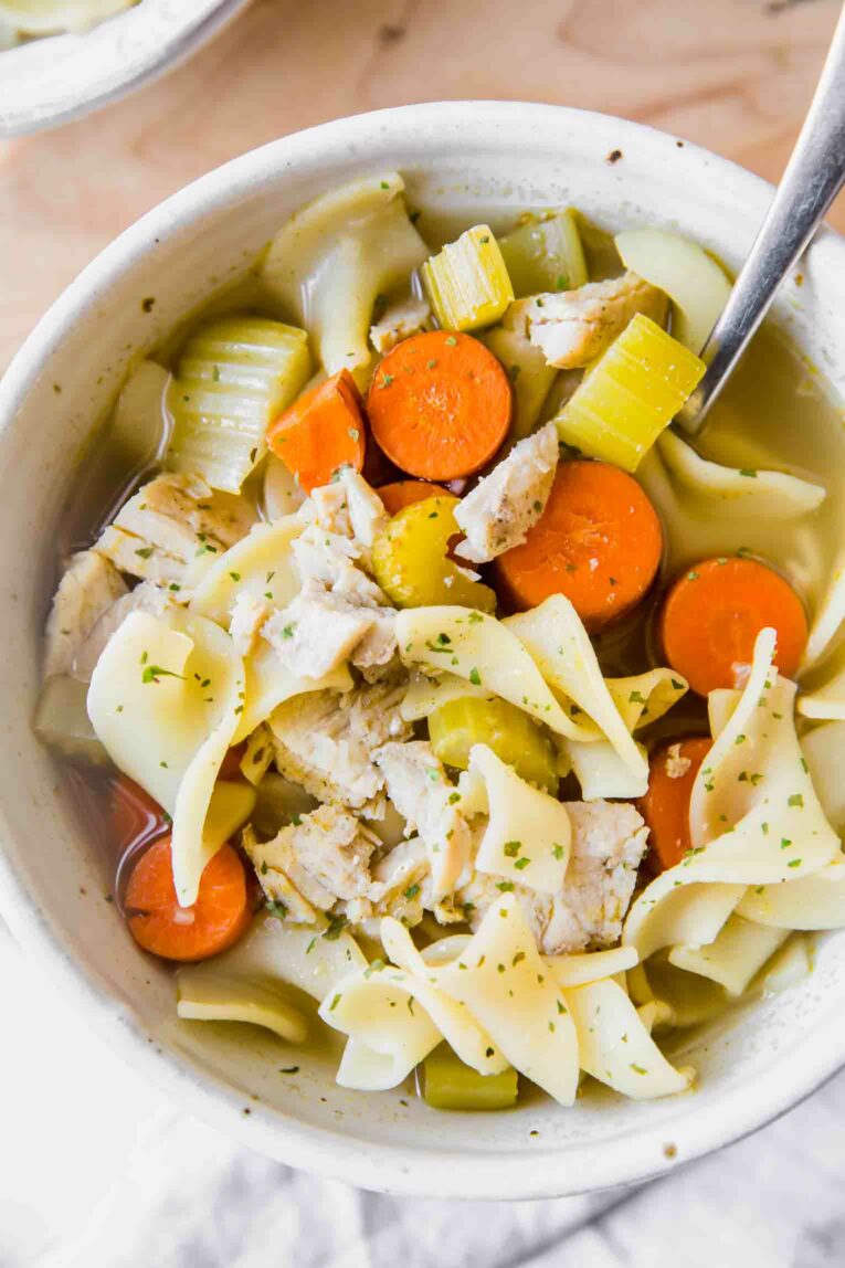 Close up of easy slow cooker turkey noodle soup.