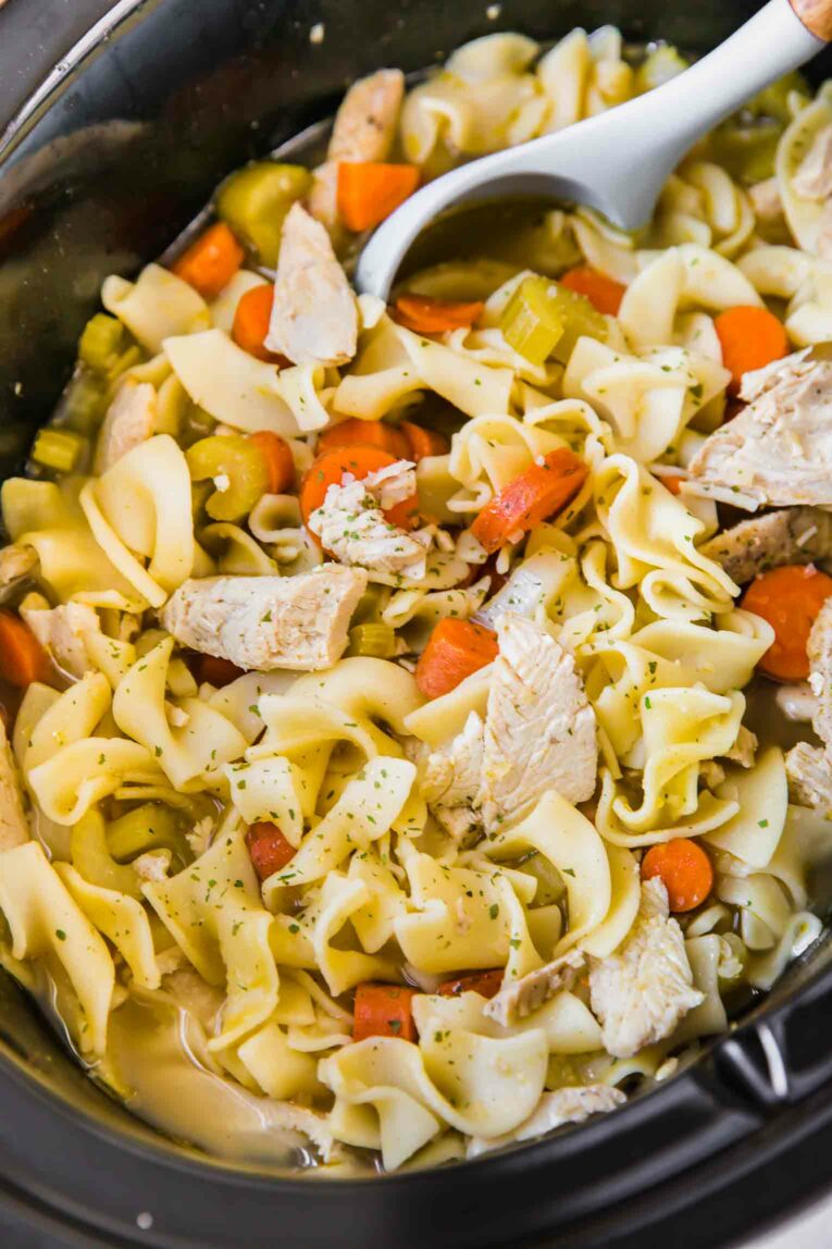Turkey noodle soup recipe made in a slow cooker.