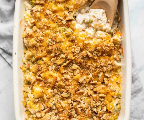 Easy Turkey Rice Casserole with a wooden spoon in the corner.