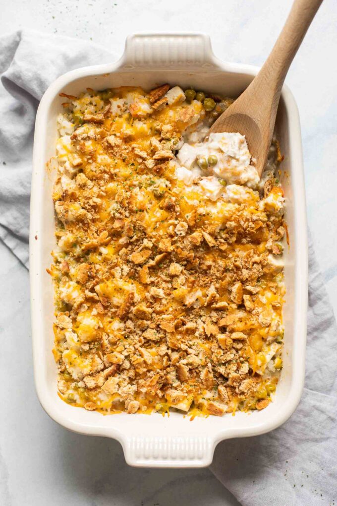 Easy Turkey Rice Casserole with a wooden spoon in the corner.