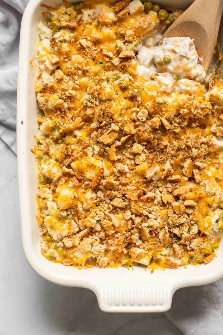 Close up of Turkey Rice Casserole with spoon.