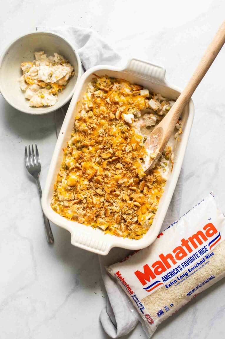 Turkey Rice Casserole with Mahatma Rice bag next to it.