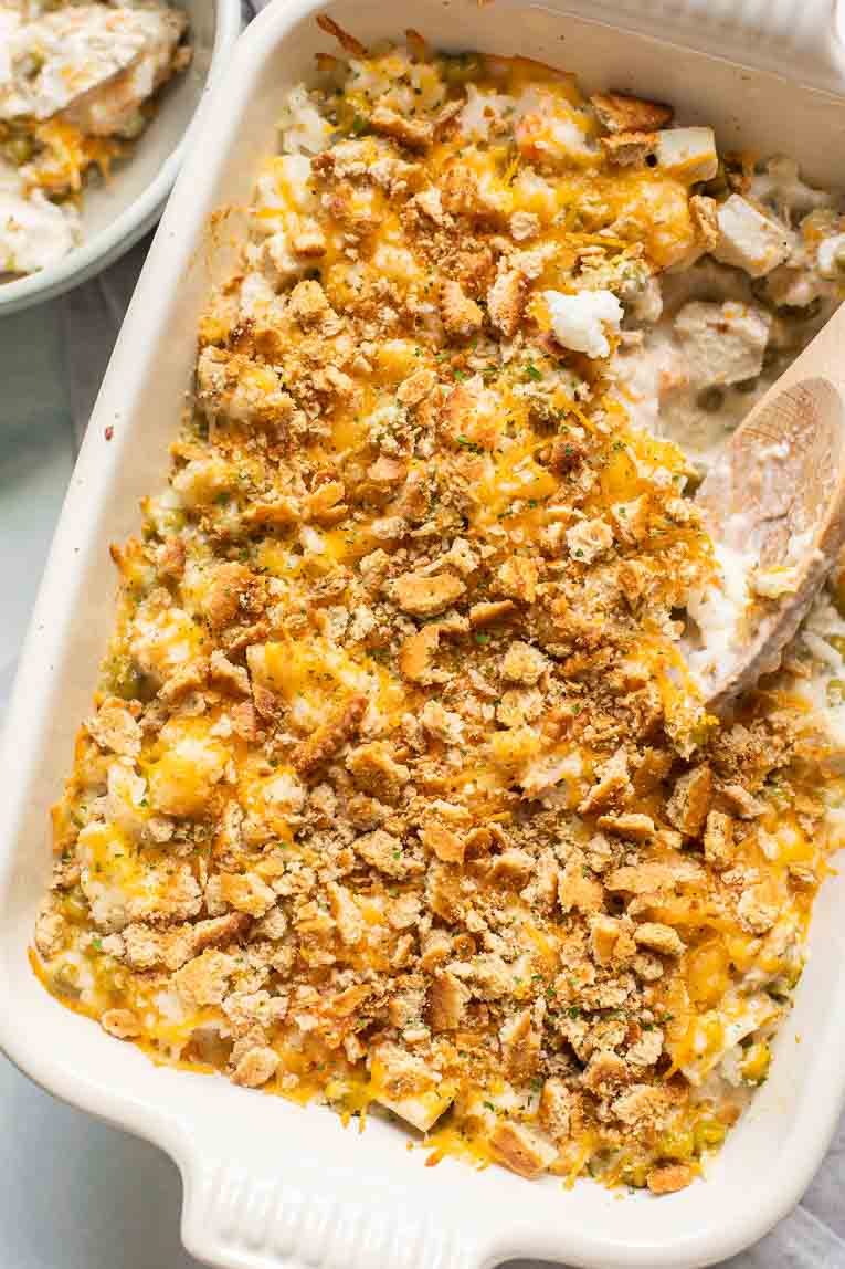 Angled shot of Easy Turkey Rice Casserole on a marble board.