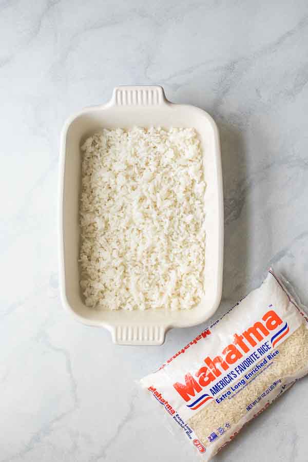 White rice in a casserole dish.