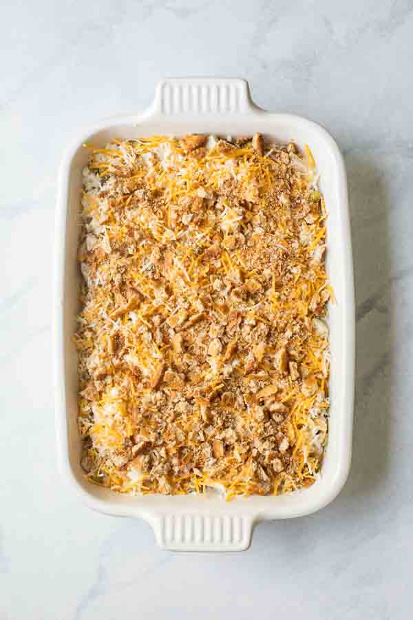 Turkey Rice Casserole in a white dish before being cooked.