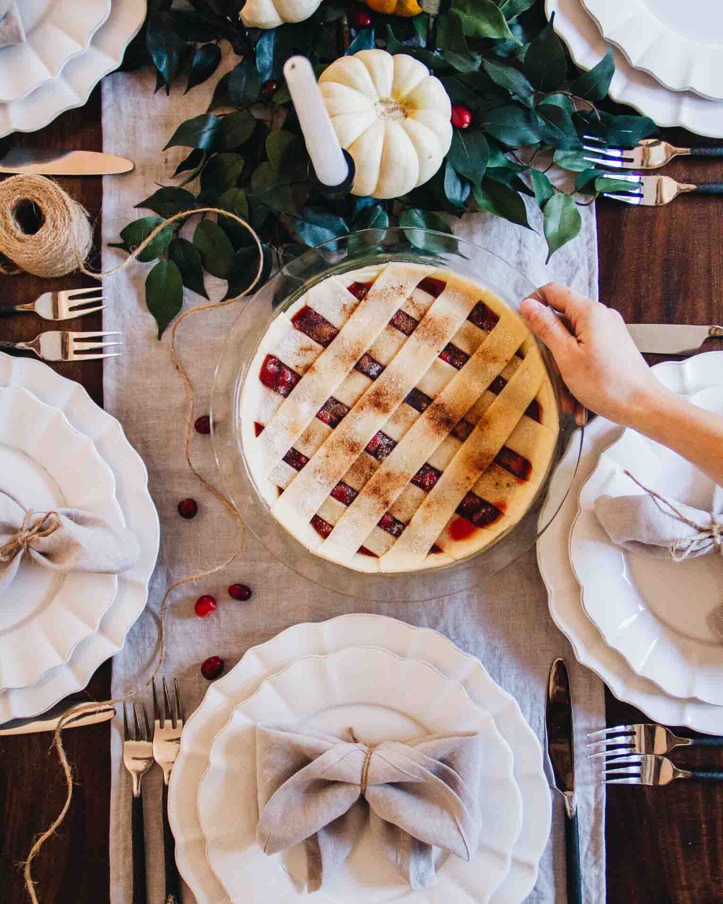 Top shot of a small Thanksgiving table for a cozy gathering.