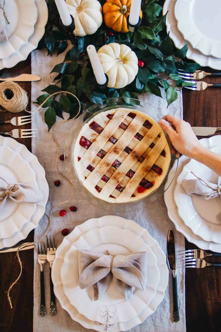 Top shot of a small Thanksgiving table for a cozy gathering.