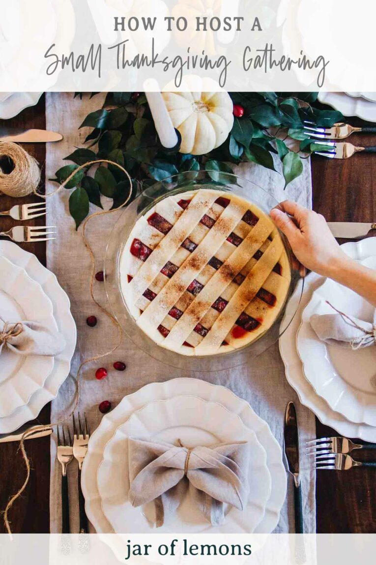 Pinterest graphic with top shot of small Thanksgiving feast.