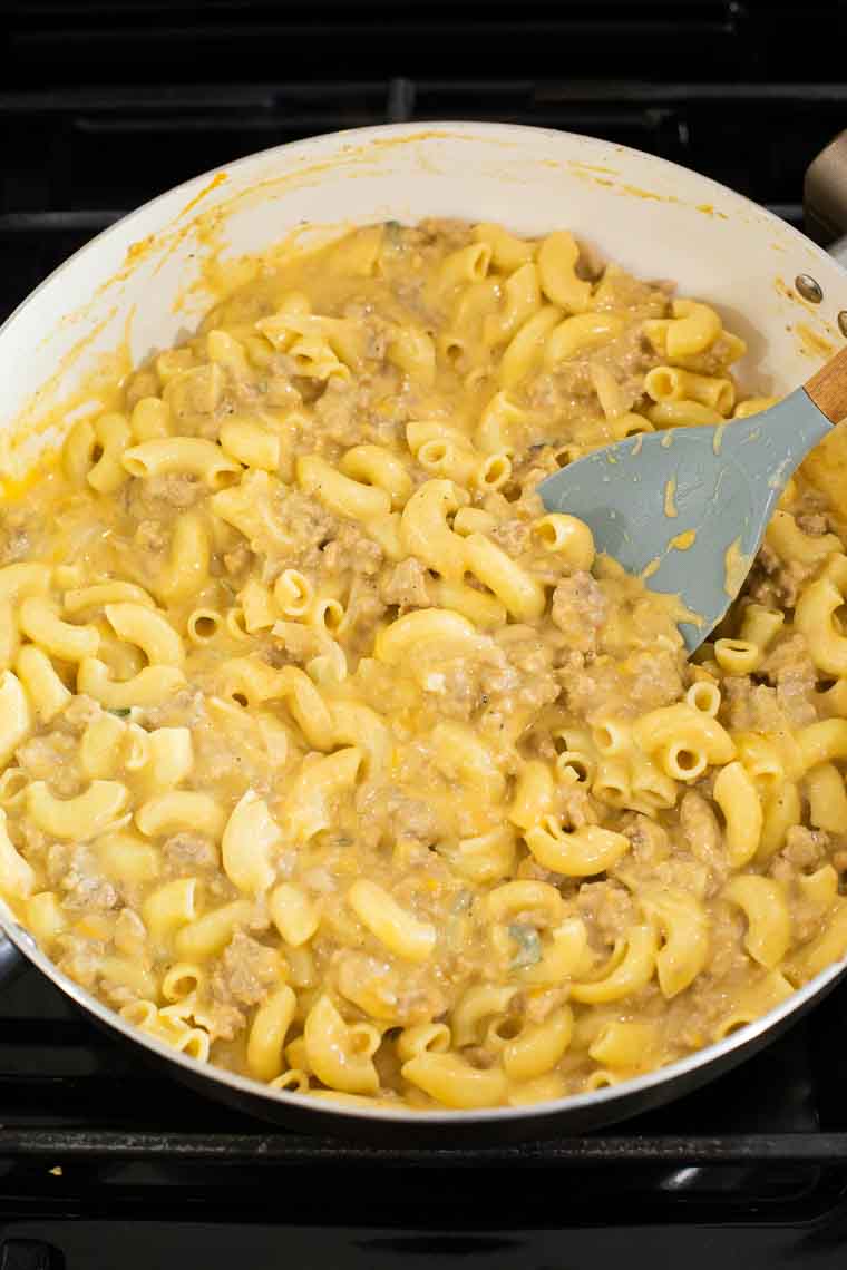 Mac and cheese in a saucepan.