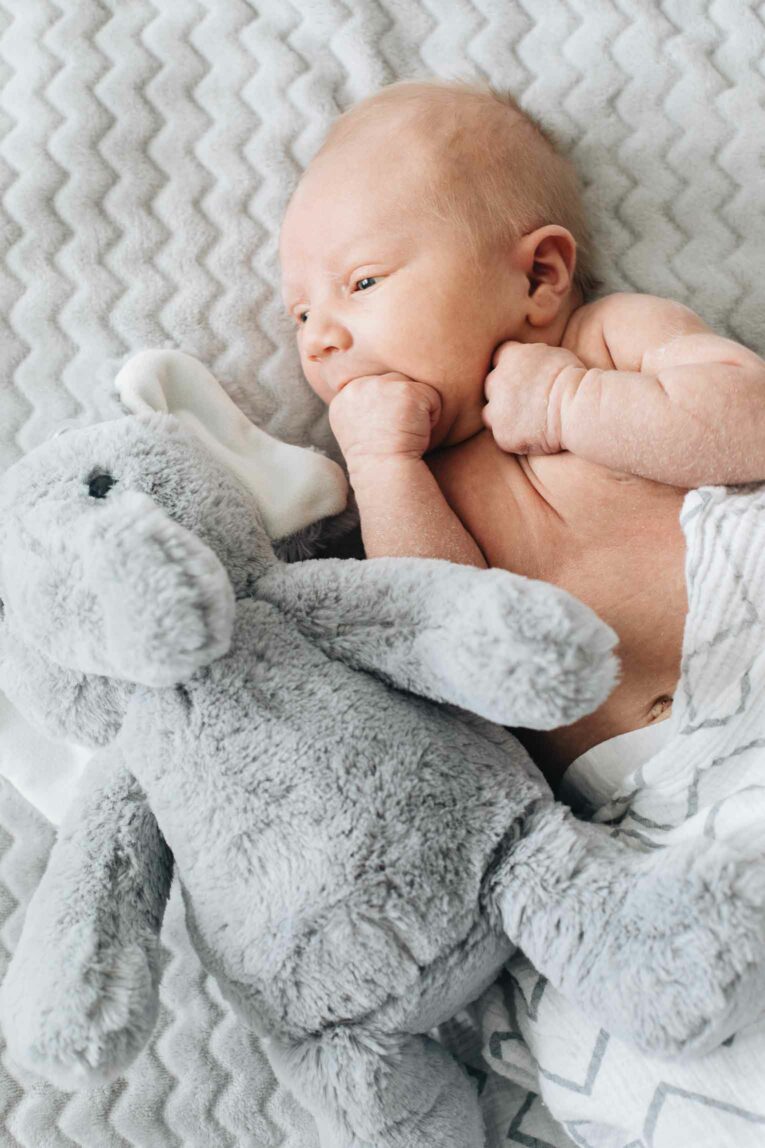 Baby Christmas Gift Ideas - Baby laying on a blanket with a stuffed animal.
