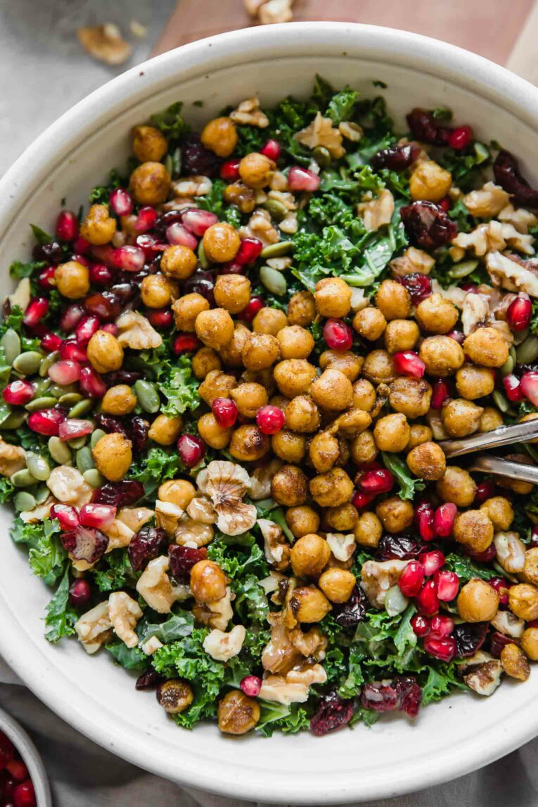 Close up shot of roasted chickpea fall salad.