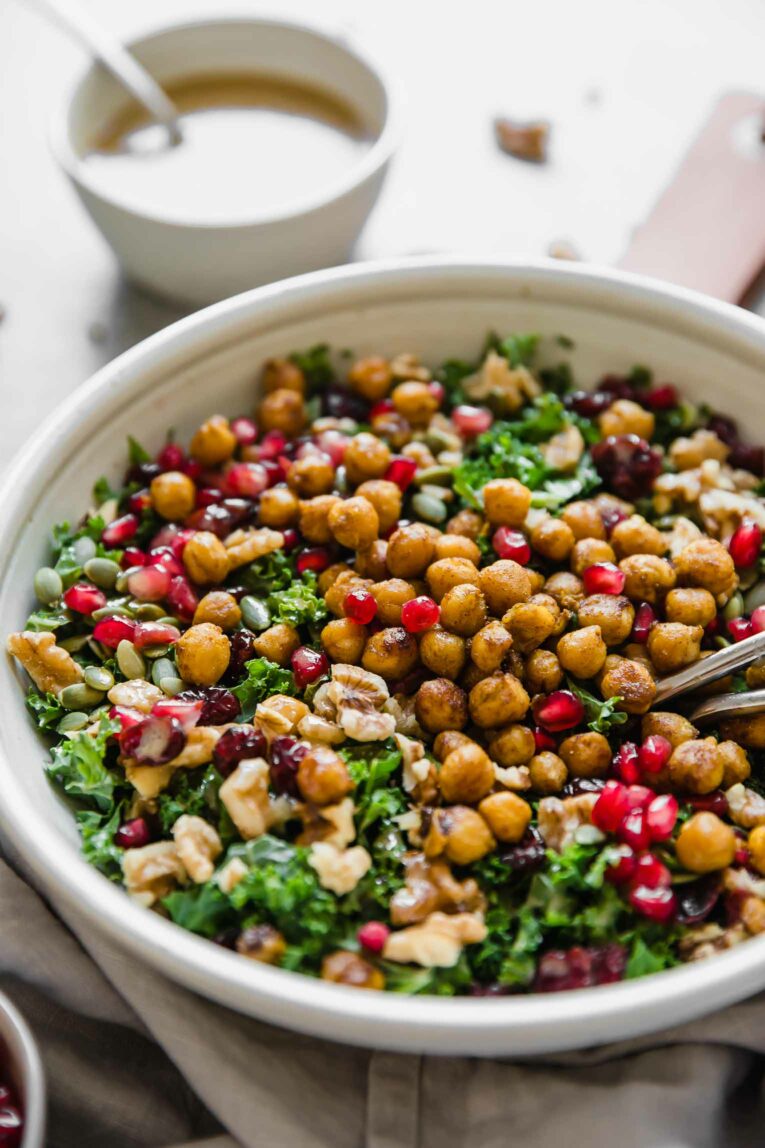 Angled shot of roasted chickpea fall salad.
