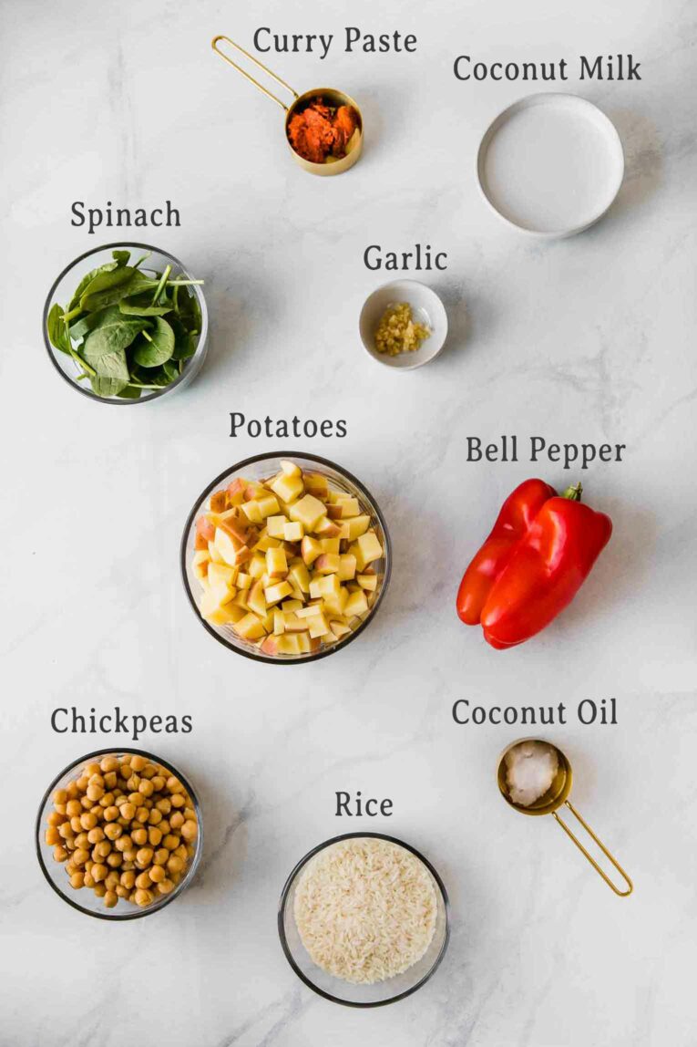 Ingredients for vegan potato curry recipe.