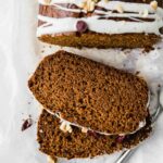 Close up shot of slices of gingerbread loaf.