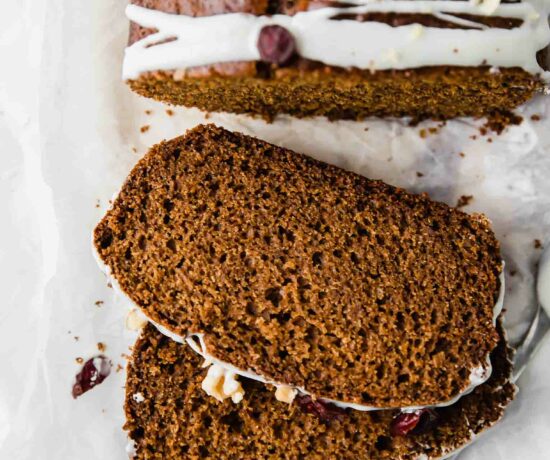 Close up shot of slices of gingerbread loaf.