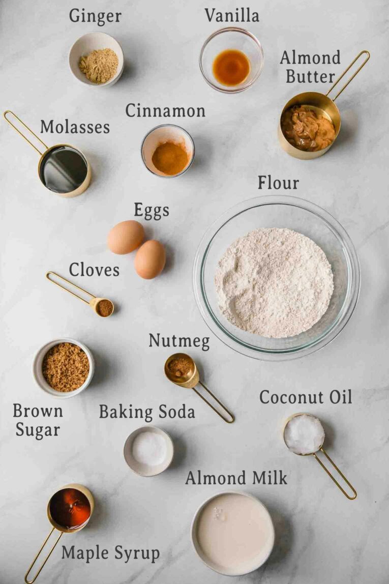 Ingredients for healthy gingerbread loaf recipe.