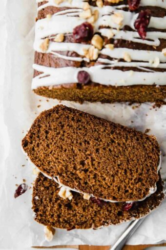 Close up shot of slices of gingerbread loaf.