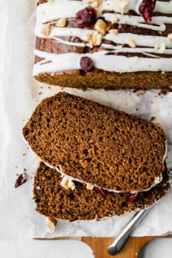 Close up shot of slices of gingerbread loaf.