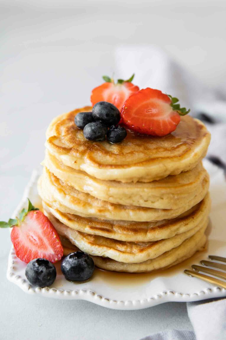Angled shot of the best greek yogurt pancakes.