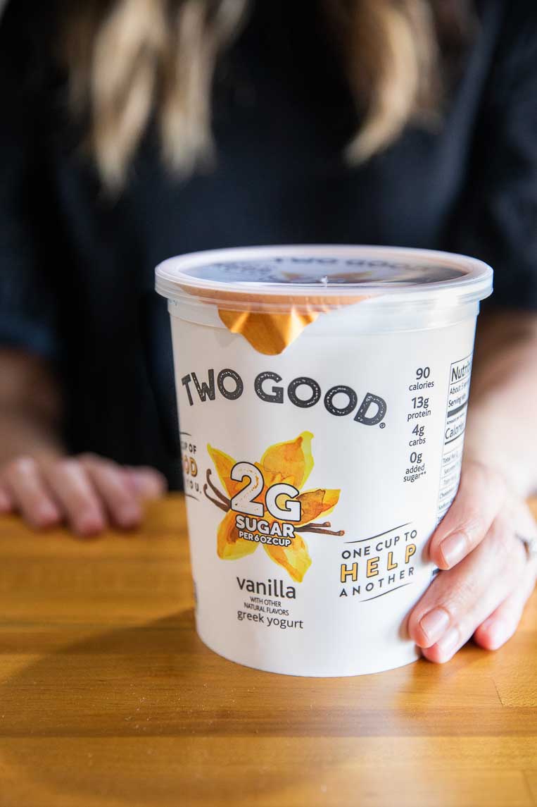 Two Good Vanilla Greek Yogurt on countertop.