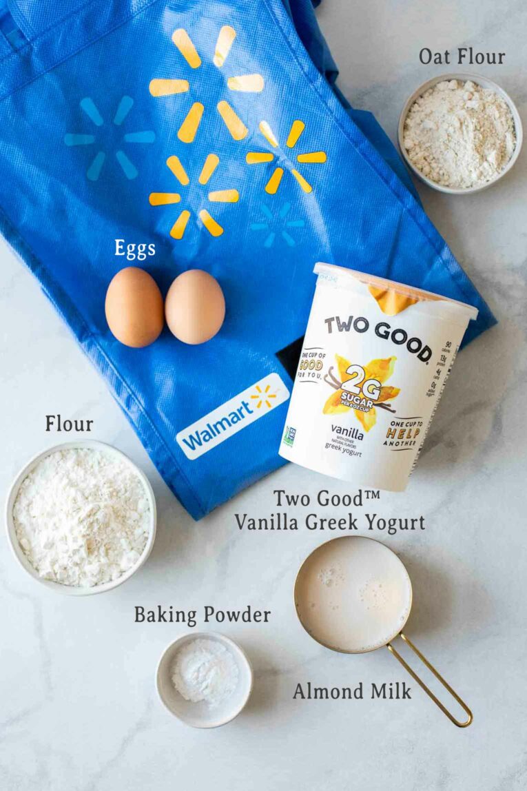 Ingredients for Greek Yogurt Pancakes with a Walmart bag in the background.