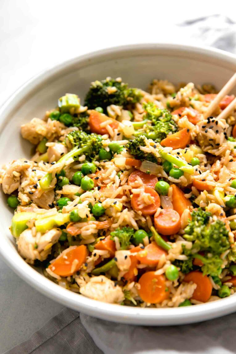 Angled shot of healthy chicken fried rice.