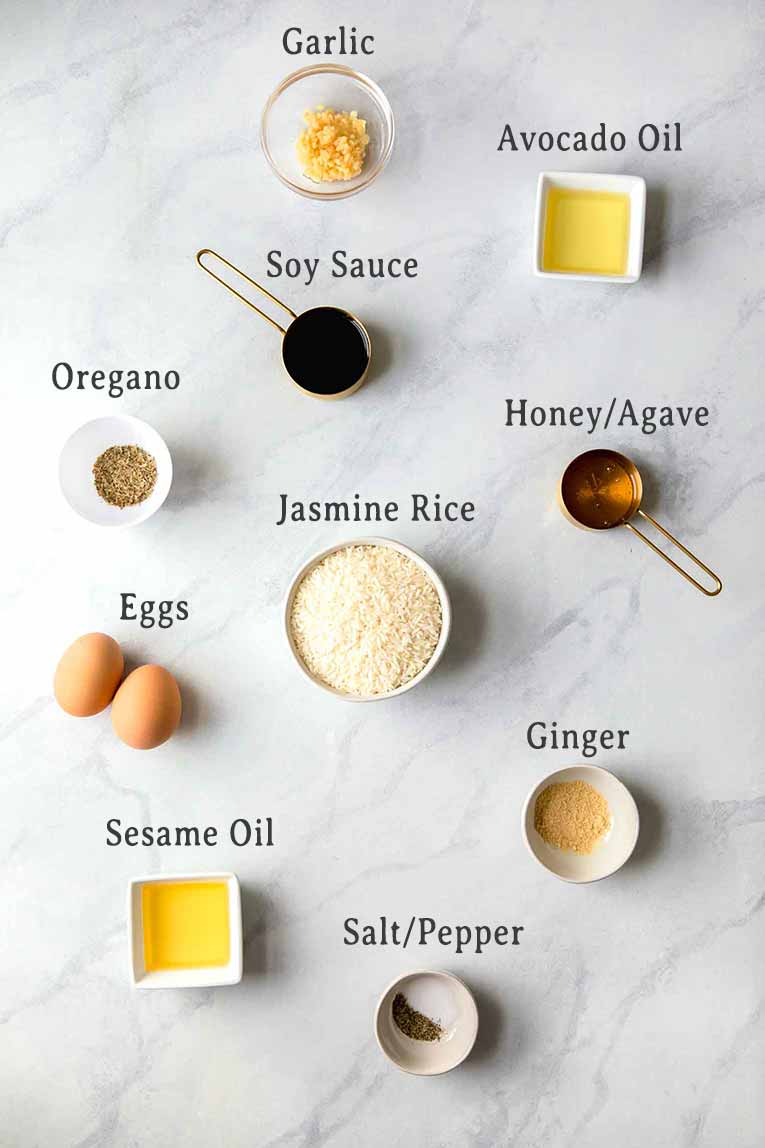Ingredients for Instant Pot Chicken Fried Rice stir-fry sauce and seasoning.