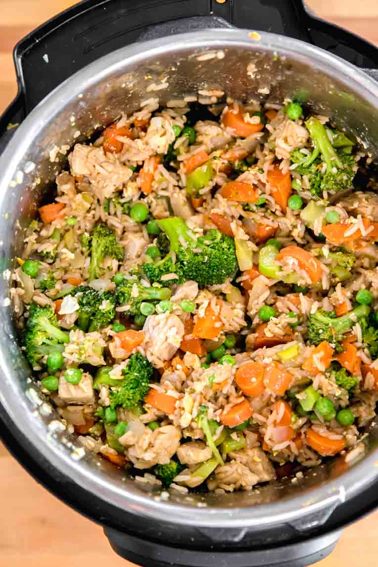 Chicken fried rice being cooked in an Instant Pot.