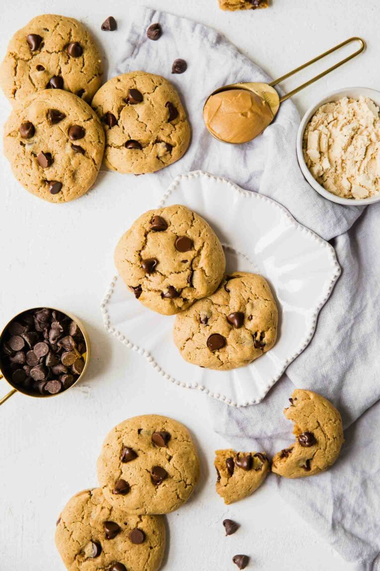Top shot of peanut butter protein cookies with chocolate chips.