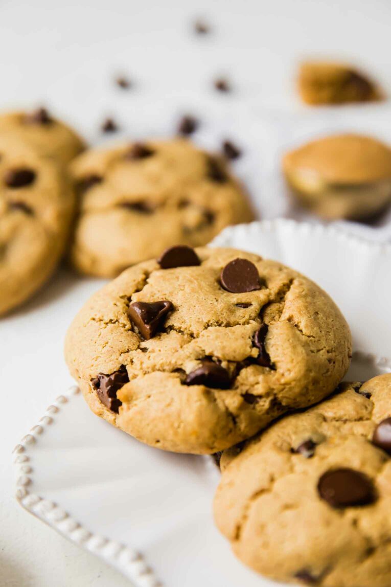 Across shot of peanut butter protein cookie with chocolate chips.