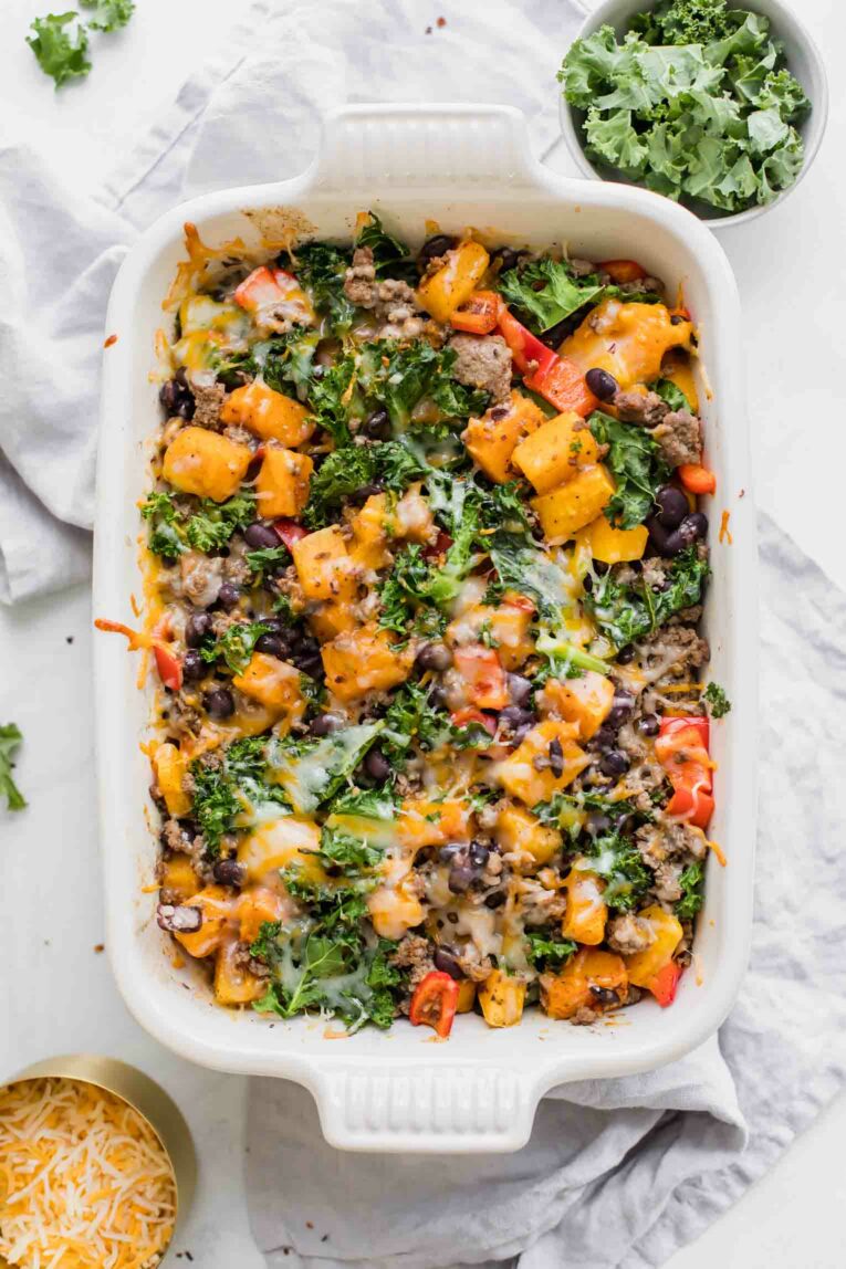 Spicy Southwest Butternut Squash Casserole freshly out of the oven.