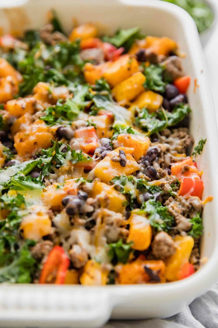 Angled shot of Spicy Southwest Butternut Squash Casserole.