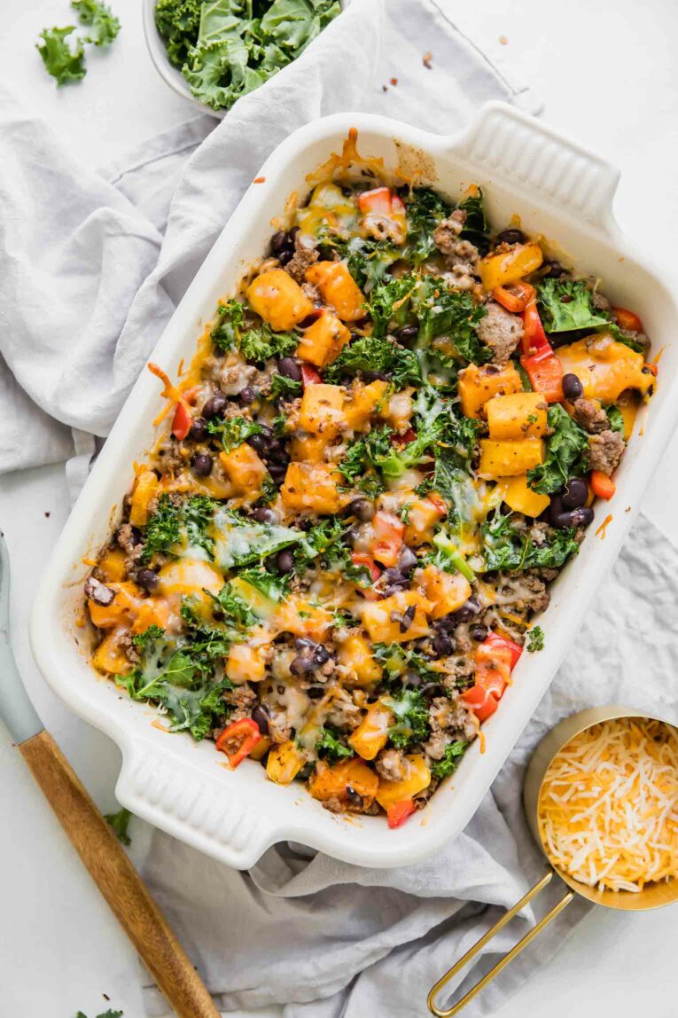 Top shot of Spicy Southwest Butternut Squash Casserole.