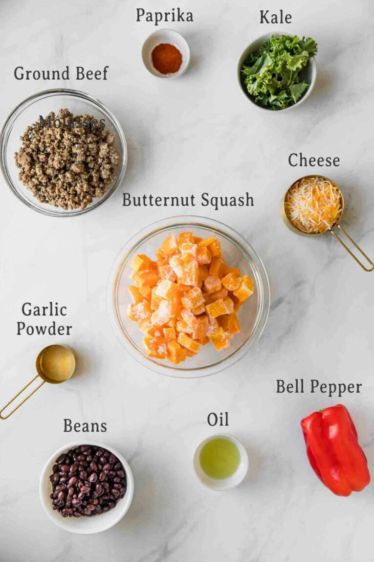Ingredients for Spicy Southwest Butternut Squash Casserole.