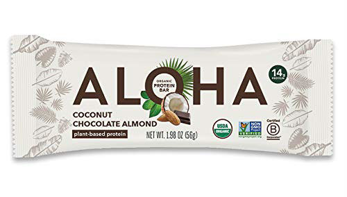 Aloha Coconut Chocolate Almond protein bar on white background.