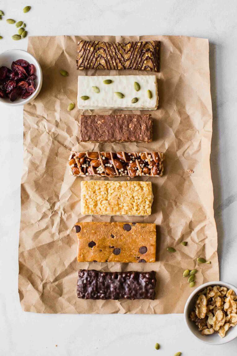 The best vegan protein bars laid flat on paper.
