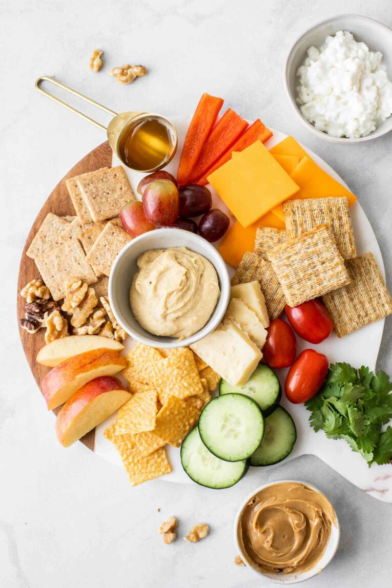 Top shot of gourmet cheese board.