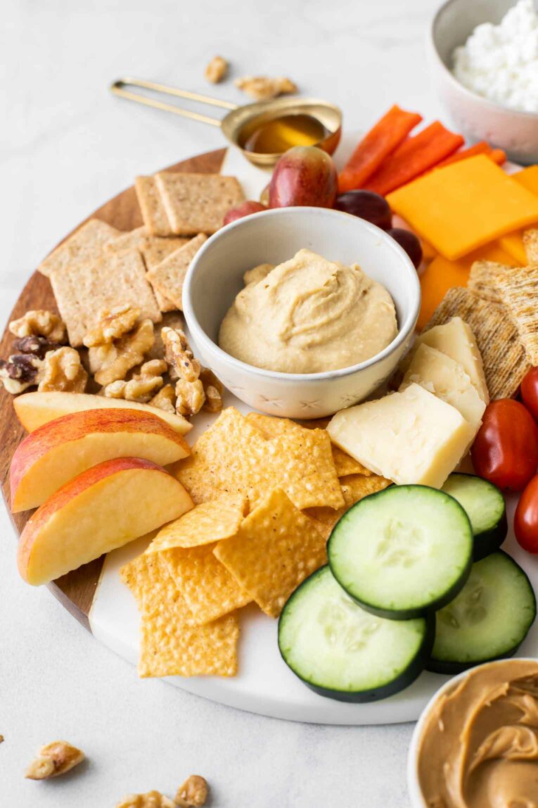 Angled shot of beautiful cheeseboard.