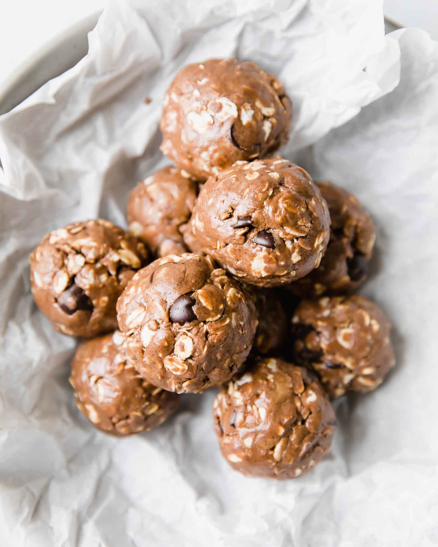 Protein Balls with chocolate chips in a bowl.