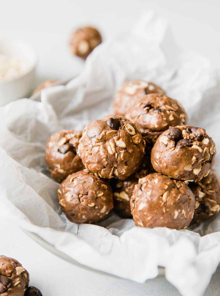Peanut Butter protein balls with chocolate chips in a cloth.