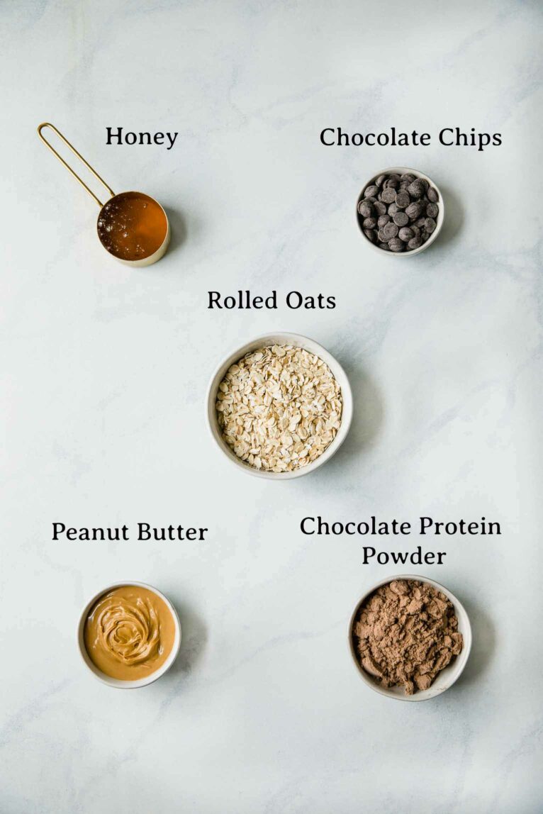 Ingredient list for Chocolate Peanut Butter Protein Balls.