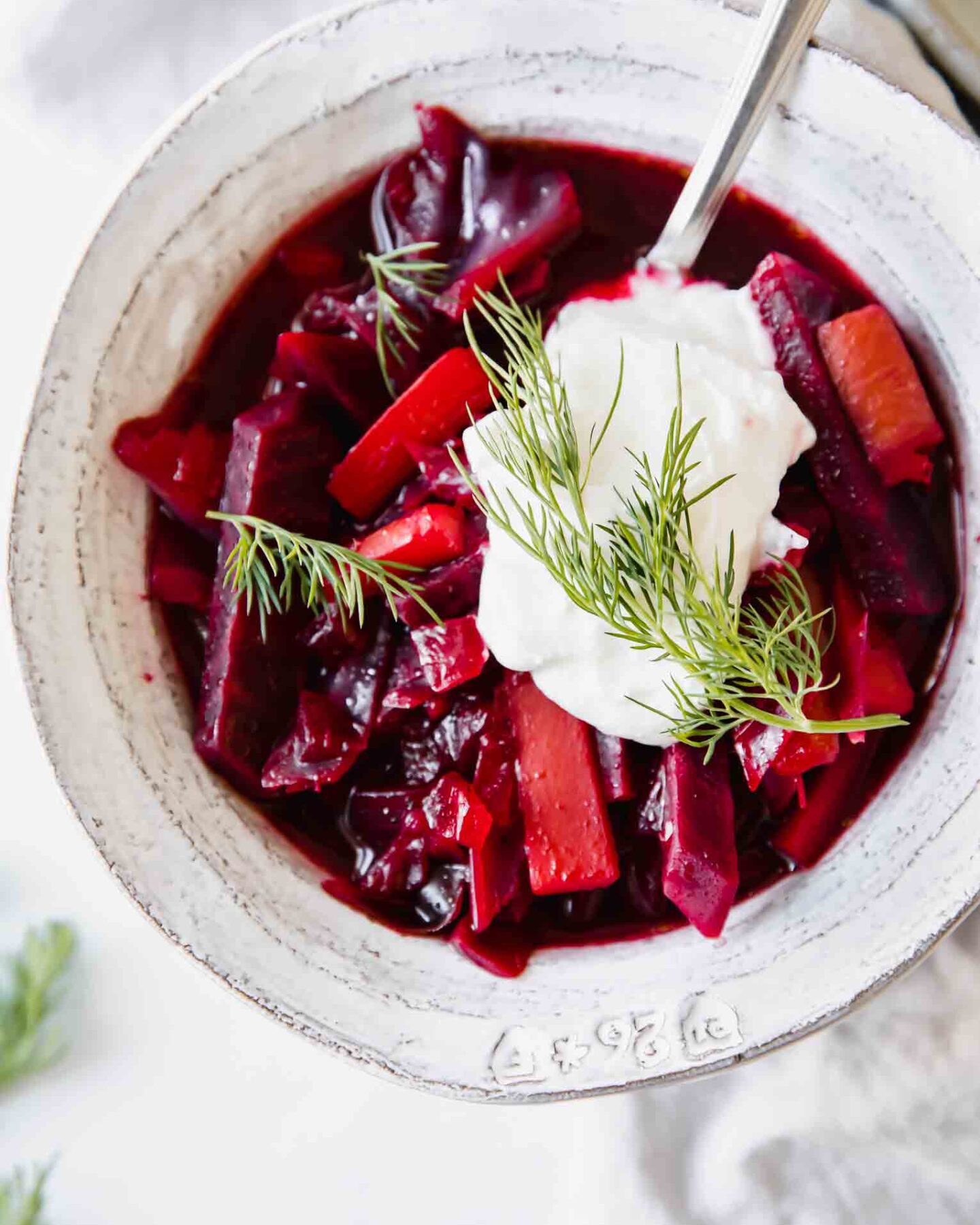 Top view of a bowl of Borscht soup.