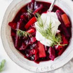 Top view of a bowl of Borscht soup.
