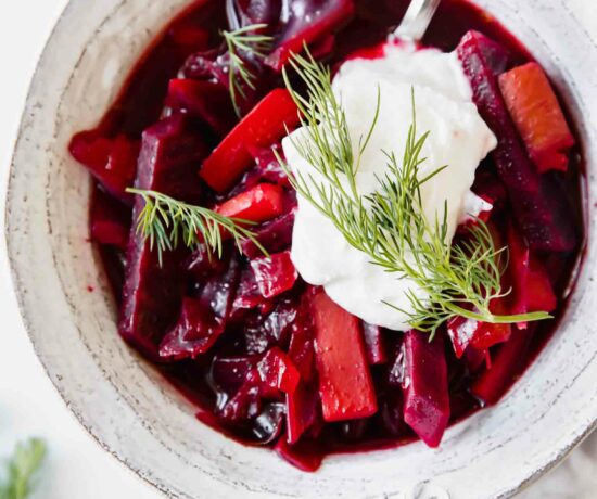 Top view of a bowl of Borscht soup.