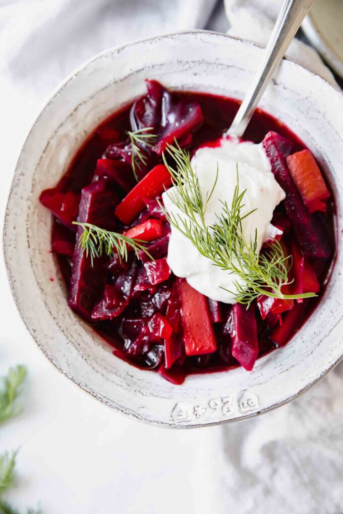 Top view of a bowl of Borscht soup.