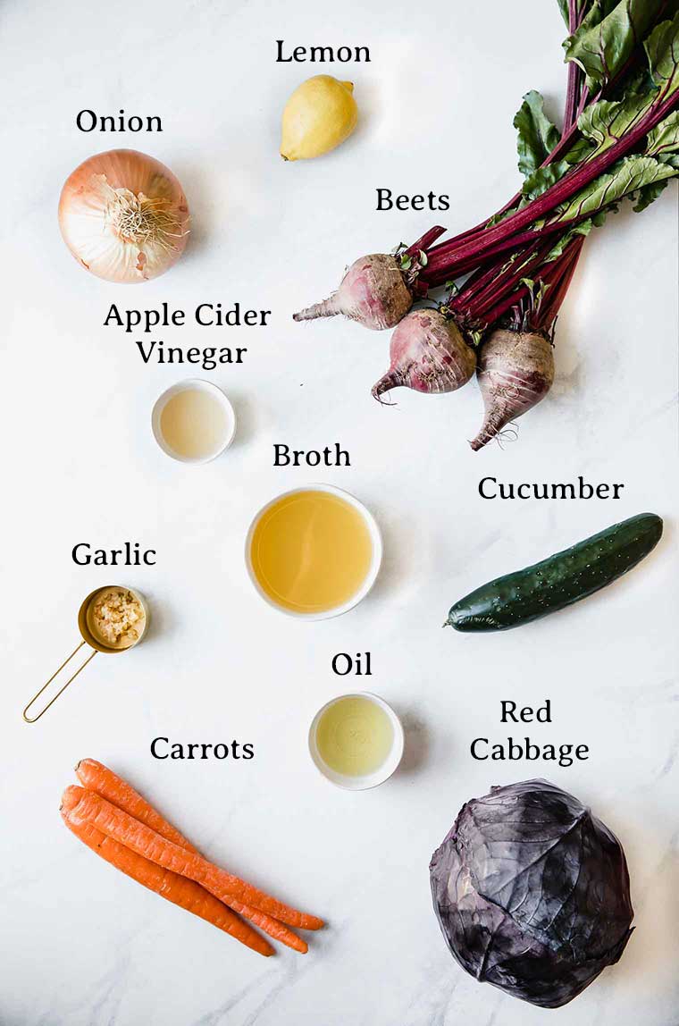 Ingredient list to make Borscht soup.