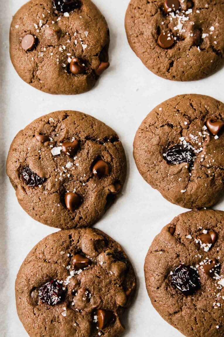 Close up of healthy chocolate cherry soft cookies.