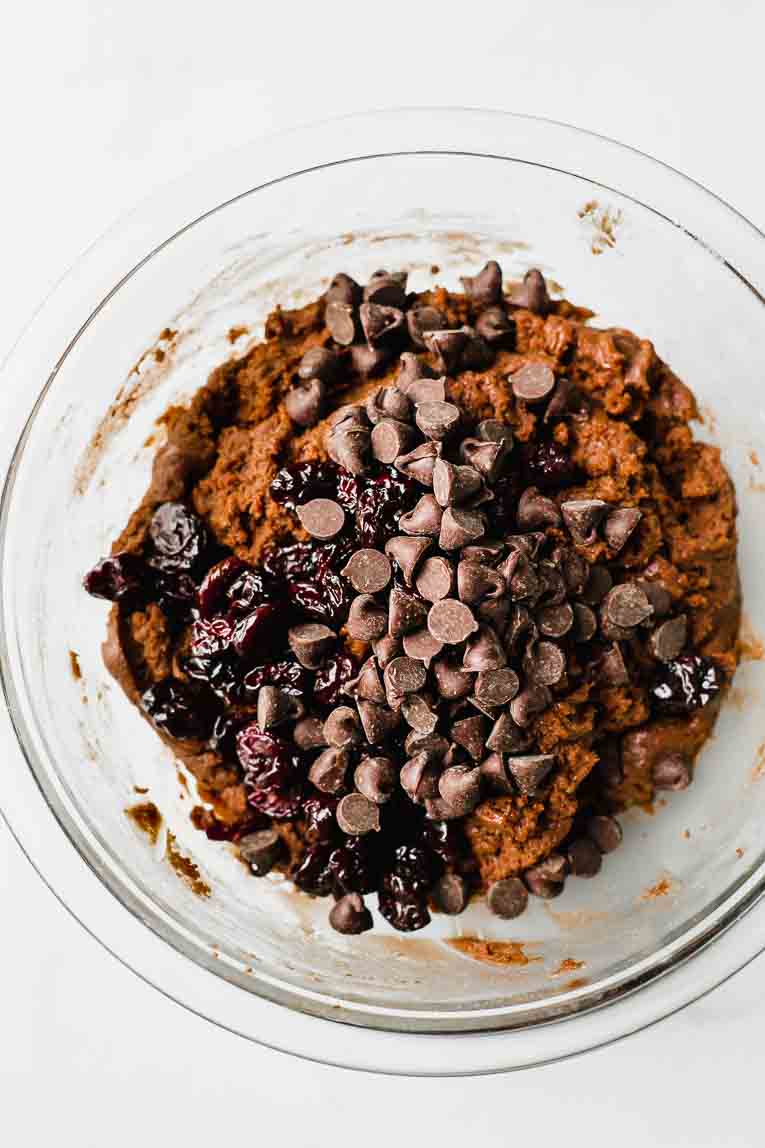 Chocolate Cherry cookie dough in a glass bowl.