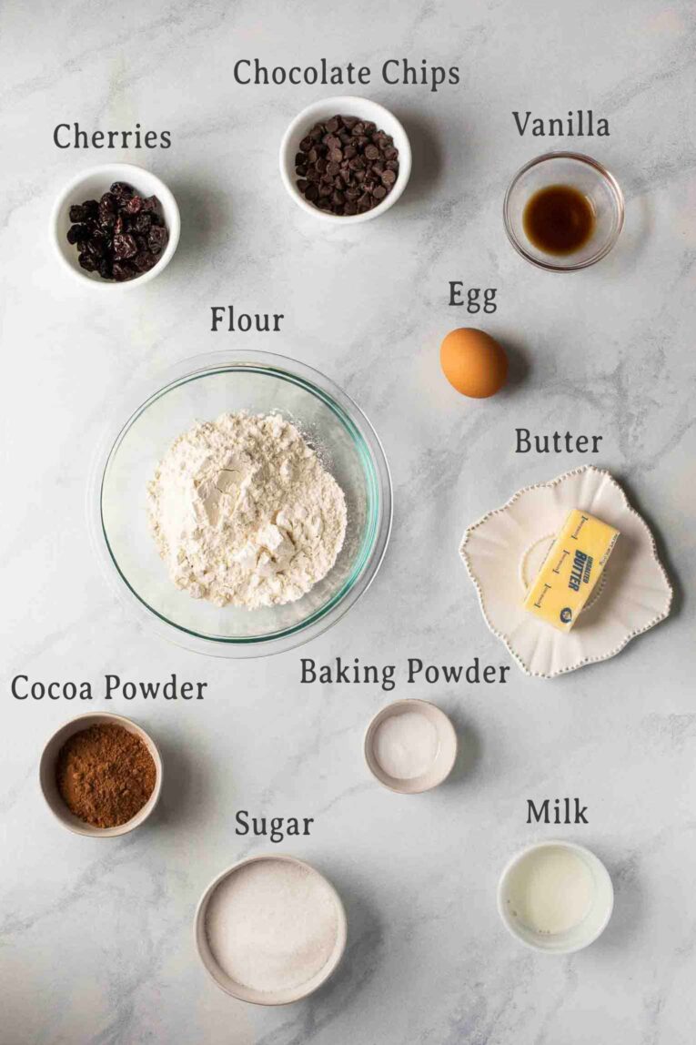 Ingredients for Chocolate Cherry Soft Cookies.